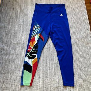 Farm Rio Adidas Cobalt Blue Tropical Print Leggings, Size L